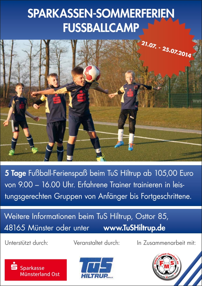 Sparkassen-Fußballcamp vom 21.07. bis 25.07.2014 für Jungen und Mädchen von 6–14